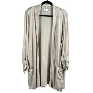 J. Jill Love Linen Open Front Ruched Tie Sleeves  Long Cardigan Size XL
